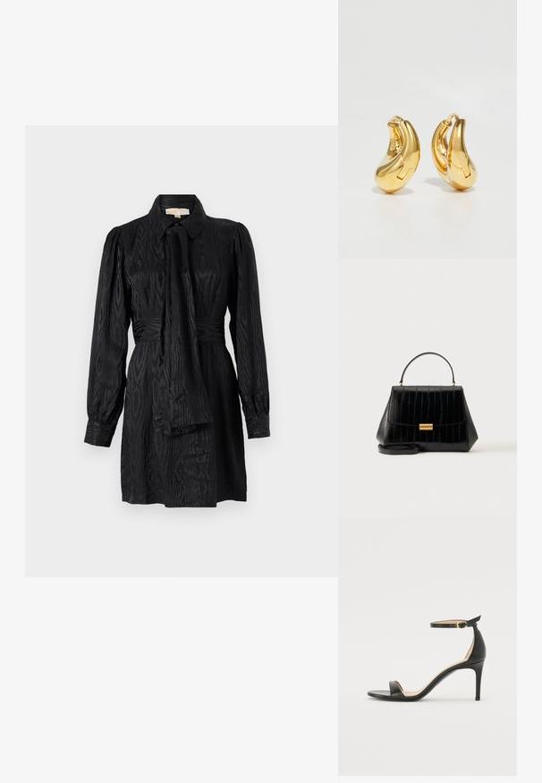 Schwarzes Shirtkleid mit Kragen, langen Ärmeln, Taillengürtel und strukturierter Stoff mit subtilen Mustern. Glatte Oberfläche, taillierte Form.; Schwarze Leder-high-heeled Sandale mit Knöchelriemen. Verfügt über eine glatte Textur, offene Zehen und einen dünnen Absatz. Goldfarbener Schnallenakzent.; Schwarze Lederhandtasche mit Tragegriff oben, goldfarbenem Verschluss und abnehmbarem Schulterriemen auf schlichtem hellen Hintergrund.; Goldene Creolen mit einer glatten, geschwungenen Form und polierter Oberfläche. Mit einem Verschlussmechanismus und leichten Einkerbungen für Details.