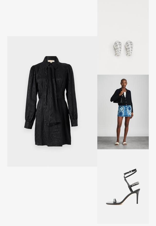 Schwarzes Shirtkleid mit Kragen, langen Ärmeln, Taillengürtel und strukturierter Stoff mit subtilen Mustern. Glatte Oberfläche, taillierte Form.; Schwarze Sandalette mit hohem Absatz, schlankem Knöchelriemen, Mittelriemen verziert mit silbernen Kettengliedern und offenem Zehendesign.; Schwarze Strickjacke, weißes Oberteil, Jeansrock mit blauem und schwarzem Diamantenmuster, schwarze Handtasche und beige Rutschsandalen.; Silberne Clip-On-Ohringe mit spiralförmigem Design, das eine glatte metallische Textur und abgerundete Formen aufweist. Keine sichtbaren Verzierungen oder Muster.