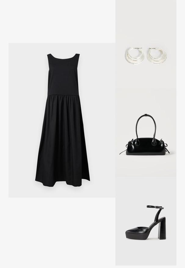 Robe maxi noire sans manches avec un corsage ajusté et une jupe froncée, présentée sur un fond clair uni.; Escarpins noirs à plateforme avec un bout pointu et une sangle réglable à la cheville. Conçus en cuir lisse, avec un large talon bloc.; Petit sac à main noir brillant avec deux longues anses et des détails à cordon sur les côtés sur un fond clair uni.; Boucles d'oreilles créoles en argent avec trois bandes semi-circulaires superposées, dont une ornée de petits cristaux clairs sur un fond clair.
