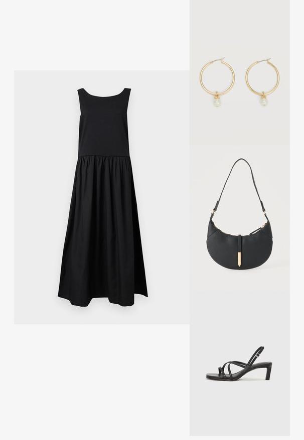 Robe maxi noire sans manches avec un corsage ajusté et une jupe froncée, présentée sur un fond clair uni.; Sandale noire à lanières avec un bout carré et un petit talon bloc. Elle présente plusieurs fines lanières et une sangle de cheville ajustable. Fabriquée en cuir lisse.; Sac à main noir en forme de croissant avec une bandoulière unique, une fermeture éclair dorée et une languette décorative rectangulaire dorée à l'avant.; Boucles d'oreilles créoles en or, chacune ornée d'une seule perle blanche suspendue et d'un petit détail en strass sur un fond clair.