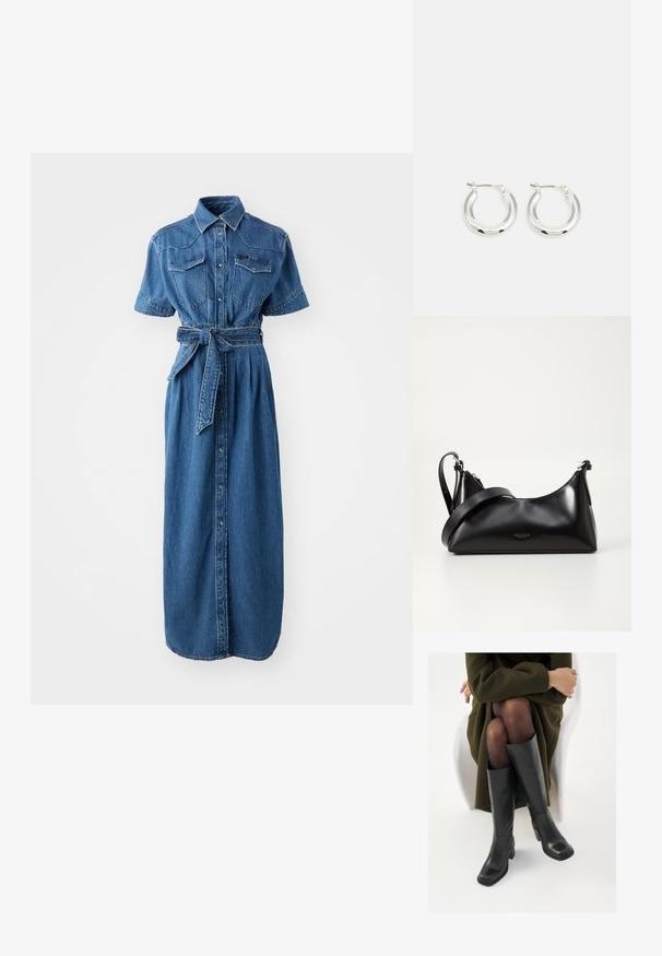 Jeanshemdkleid in Blau, mit kurzen Ärmeln, zwei Brusttaschen, einem gegürteten Bund und einer durchgehenden Knopfleiste.; Knöchelhöhe schwarze Lederstiefel mit quadrater Spitze und Blockabsatz, gezeigt mit einem Modell, das einen olivgrünen Mantel trägt. Glatte Textur, minimale Details.; Schwarze lederne Handtasche mit glatter Textur. Verfügt über einen verstellbaren Riemen und ein elegantes, minimalistisches Design mit einem Reißverschluss.; Silberne Creolen mit glänzender Oberfläche, die eine kreisrunde Form haben und mit einem schwenkbaren Verschluss ausgestattet sind. Glatte Textur mit minimalen Details.
