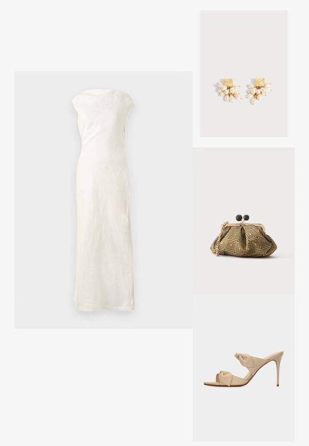 Witte linnen maxi-jurk met een off-the-shoulder halslijn, aansluitende silhouet en rechte zoom. Heeft een textuurstof voor extra detail.; Beige open-toe hoge hak mule sandaal met twee gedraaide knoopbanden en een smalle naaldhak op witte achtergrond.; Kleine clutch tas met goud-zwart geometrisch patroon, goudkleurig metalen frame, zwarte bolsluiting en een korte gouden kettingband.; Oorknopjes in goudkleur met gebundelde witte pareldruppels, gerangschikt in een watervalontwerp op een eenvoudige lichte achtergrond.