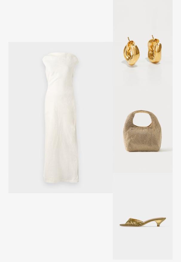 Robe maxi en lin blanc avec un décolleté bardot, une silhouette ajustée et un ourlet droit. Présente un tissu texturé pour un détail supplémentaire.; Mule dorée à bout ouvert avec lanières, petit talon kitten et design noué sur fond blanc uni.; Petit sac à main doré recouvert de clous ronds brillants avec une poignée courte et une découpe rectangulaire en haut.; Boucles d'oreilles créoles en or massif avec un design tubulaire légèrement tordu et des fermoirs à tige sur un fond blanc.