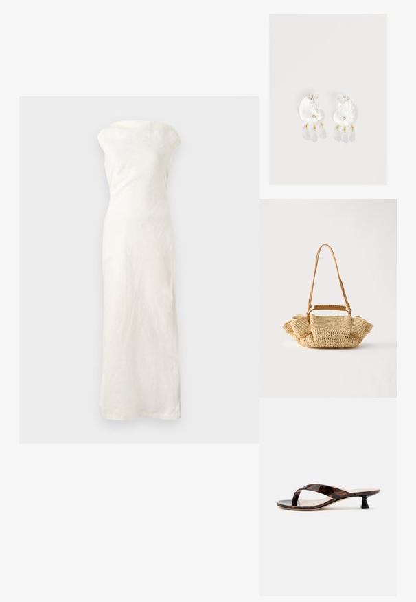 Witte linnen maxi-jurk met een off-the-shoulder halslijn, aansluitende silhouet en rechte zoom. Heeft een textuurstof voor extra detail.; Bruine schildpad kitten hak sandaal met teenslipperriem en vierkante neus op een effen lichte achtergrond.; Geweven beige handtas met een lange dunne riem en geplooide zijkanten, met een korte handgreep omwikkeld met leer voor draagopties.; Duidelijke hars oorbellen in schelpvorm met kleine gouden accenten en drie hangende doorschijnende druppelvormige bedels aan elk oorbel.