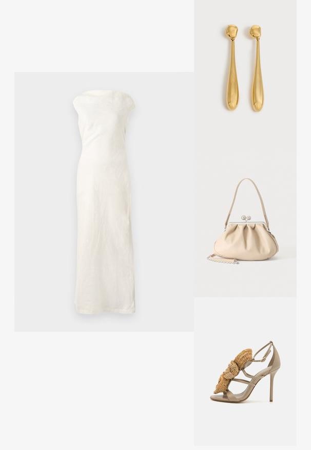 Valge linane maksikleit off-the-shoulder kaelusega, sobiva siluetiga ja otse alläärega. Omab tekstuurset kangast, mis lisab detaili.; Beige stiilito sandaal, millel on ees kudumisest valmistatud õhuveen, rihmadega disain ja suletud tagumine osa. Sile nahk ülaosas ja tallal.; Beež pehme nahast käekott hõbedase metallraami klambriga, ühe õlarihma ja valikulise kettpaelaga valgel taustal.; Paar pikki, siledat ja säravat kuldset tilga-kujulist kõrvarõngaid ümarate ülaosadega ja kitsenevate tilga kujuga hele taustal.