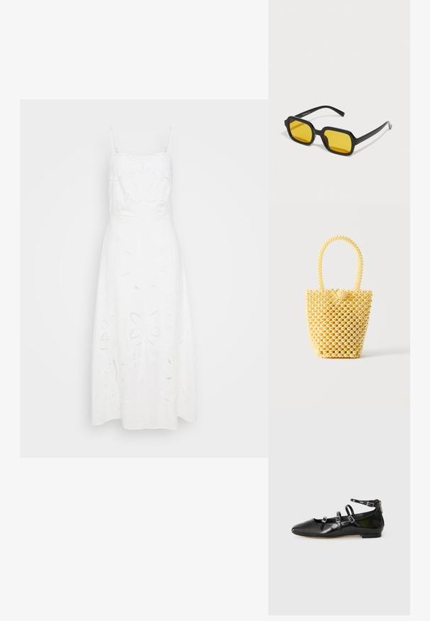 Witte linnen jurk met verstelbare spaghetti-bandjes, voorzien van bloemenborduurwerk en uitsnijdingen op de rok. A-lijn silhouet.; ALDO NELTA - Ballerina's - black; Zwarte rechthoekige zonnebril met gele lenzen. Kenmerken zijn onder andere dikke monturen en een hoekig ontwerp met een gladde, glanzende afwerking.; Kleine handtas in emmerstijl gemaakt van glanzende crèmekleurige kralen met een lusvormige kralenhendel en decoratieve kralenknoopsluiting.