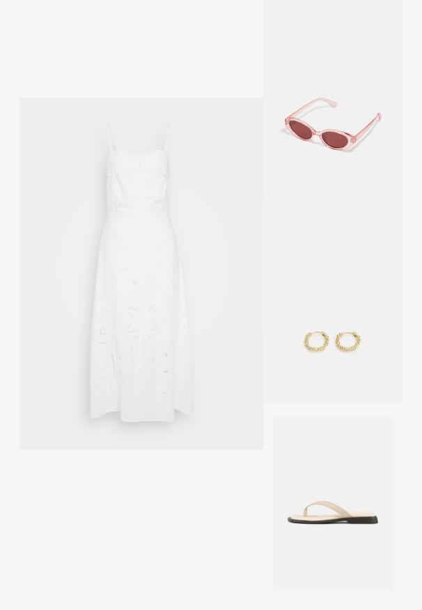 Weißes Leinenkleid mit verstellbaren Spaghetti-Trägern, verziert mit floralem Stickereien und Ausschnitten im Rock. A-Linien-Silhouette.; Beige flache Zehensandale mit gepolstertem Fußbett und schwarzer Sohle, von der Seite vor weißem Hintergrund gezeigt.; Pink transparente Sonnenbrille mit ovalen Gläsern, dunkler roter Tönung und schlanken Bügeln, ausgestattet mit einer glatten Oberfläche und dezenten Details am Rahmen.; Goldene Creolen mit strukturiertem Design und kleinen, rundlichen Perlen, die gleichmäßig um die Creole angeordnet sind. Leichte Metallkonstruktion.