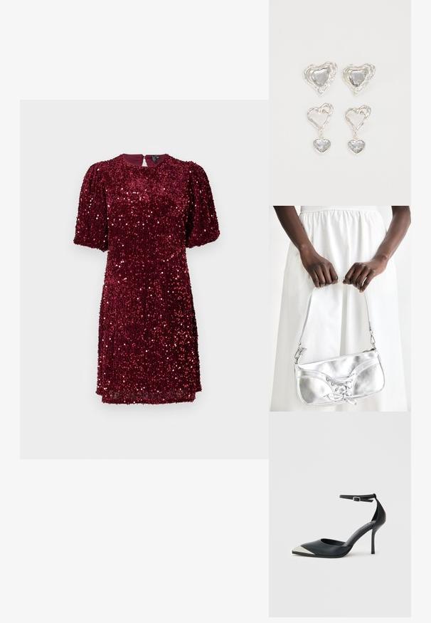 Vestido de manga corta en burdeos cubierto de lentejuelas, con un escote redondo, mangas abullonadas y un cierre en forma de ojal en la parte posterior.; Zapato de tacón alto negro con punta puntiaguda, puntera metálica plateada y correa al tobillo con cierre de hebilla sobre fondo blanco.; Bolso metálico plateado con detalle de cordones, que presenta un diseño elegante y una correa corta. El bolso está sostenido con las manos, mostrando su textura.; Pendientes en forma de corazón plateados que presentan piedras claras facetadas, con un marco texturizado. El conjunto incluye estilos de perno y tipo gota.