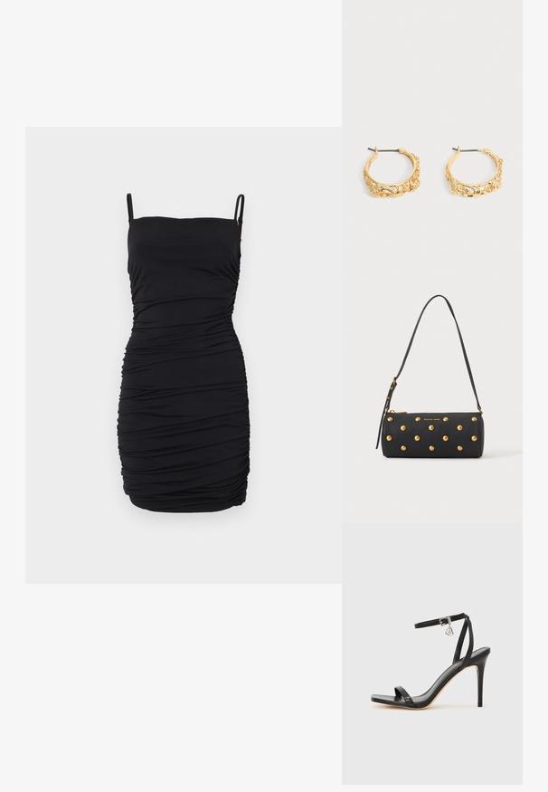Robe noire sans manches en tissu extensible, dotée d'un design froncé sur toute la surface, avec des bretelles spaghetti réglables et une silhouette ajustée.; Sandale à talon haut noire avec une bride étroite à la cheville, bout carré, cuir lisse et accent de boucle métallique.; Sac à main cylindrique noir avec des clous dorés et une bandoulière réglable, avec le logo "Michael Kors" en doré sur le devant.; Paire de boucles d’oreilles créoles couleur or avec embossage floral et feuillage orné sur un fond neutre.