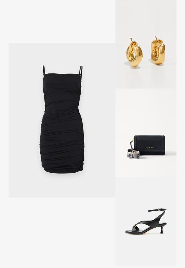 Robe noire sans manches en tissu extensible, dotée d'un design froncé sur toute la surface, avec des bretelles spaghetti réglables et une silhouette ajustée.; Sandale noire en cuir pour femme avec un petit talon courbé, des lanières croisées et une bride de cheville réglable avec une petite boucle dorée.; MICHAEL Michael Kors JET SET SM PHONE WBG XBODY - Sac bandoulière - black; Boucles d'oreilles créoles en or massif avec un design tubulaire légèrement tordu et des fermoirs à tige sur un fond blanc.