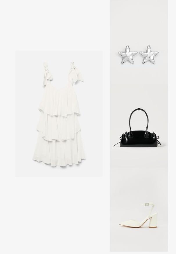 Weißes ärmelloses Stufenkleid mit Rüschenschichten und Bindeträgern auf einfarbigem Hintergrund.; Weißer sandal mit Absatz und spitzem Zehenbereich, verstellbarem Knöchelriemen und chunky quadratischem Absatz. Glatte Textur mit minimalen Nähdetails.; Kleine schwarze glänzende Handtasche mit zwei langen Griffen und seitlichen Kordelzug-Details vor einfachem hellem Hintergrund.; Silberne sternförmige Ohrringe mit einer polierten, glänzenden Oberfläche. Jeder Ohrring hat fünf Spitzen und dezente Oberflächentexturdetails.