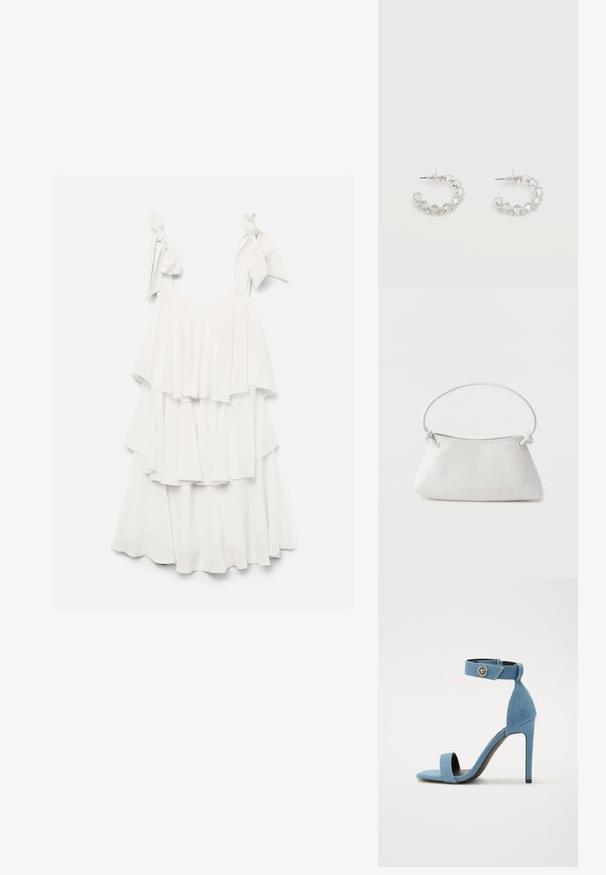 Witte mouwloze jurk met laagjes en ruches en strikbandjes op een effen achtergrond.; Blauwe denim sandalen met hoge hakken, voorzien van een enkelbandje en knoopsluiting. Heeft een vierkante neus en een zwarte zool voor contrast.; Witte handtas van gevlochten leer met een afgeronde handgreep en uiteinden van de band die geknoopt zijn, afgebeeld tegen een effen achtergrond.; Zilveren oorringen met open ronde vorm, bezet met heldere gefacetteerde kristallen, met postbevestigingen en transparante oorstoppers op een witte achtergrond.