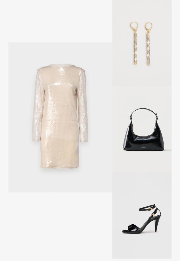 Robe à manches longues en tissu beige scintillant recouvert de sequins. Dotée d'un décolleté rond et d'une coupe droite.; Sandale à talon haut en cuir verni noir avec double bride de cheville et boucles dorées, bout ouvert, et talon effilé sur fond neutre.; Sac à main Calvin Klein noir brillant avec fermeture éclair dorée et anse courte sur fond blanc uni.; Boucles d'oreilles en ton doré comportant de longues barres minces ornées de petits strass clairs. Fermoirs à ressort en haut pour un port sécurisé.