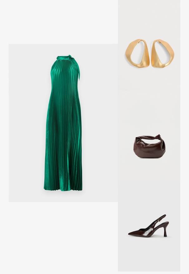 Vestido verde plegado con cuello halter, hecho de una tela brillante. Presenta un diseño fluido y pliegues verticales texturizados.; Zapatos de tacón slingback de charol marrón con punta afilada, tacón delgado y correa ajustable con una pequeña hebilla.; Bolso de hombro de cuero marrón oscuro con una forma suave y caída, y un asa con nudo torcido sobre un fondo blanco liso.; Par de pendientes de aro dorados irregulares y asimétricos con acabado suave y mate sobre fondo neutro.