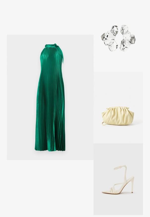 Vestido verde plegado con cuello halter, hecho de una tela brillante. Presenta un diseño fluido y pliegues verticales texturizados.; Sandalias de tacón alto beige con punta estrecha, que cuentan con tres tiras frontales y una tira delgada en el tobillo con hebilla. Textura lisa, diseño minimalista.; Bolso amarillo plisado hecho de cuero sintético suave, con una forma blanda y una sola correa para el hombro, además de un diseño de parte superior recogida.; Conjunto de seis piezas de forma irregular, translúcidas y reflectantes, similares al vidrio, dispuestas sobre un fondo blanco.