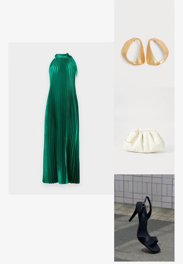Robe plissée verte avec un col halter, fabriquée dans un tissu brillant. Présente un design fluide et des plis verticaux texturés.; Sandale noire à talon haut avec bride à la cheville et bout carré, posée sur le pavé devant un mur carrelé.; Sac à main en cuir blanc avec un design plissé, doté d'une bandoulière en chaîne dorée et d'une forme arrondie. Texture lisse avec des plis doux et sans motifs.; Paire de boucles d’oreilles créoles en or irrégulières et asymétriques avec une finition lisse et mate sur un fond neutre.