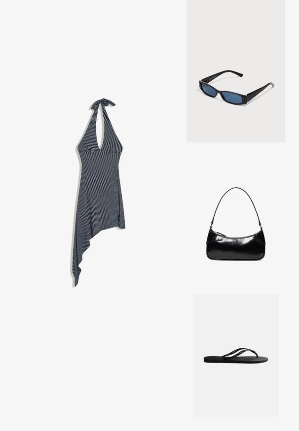 Robe noire et blanche à rayures diagonales, à col licou, avec un ourlet asymétrique et une fermeture à nouer au niveau du cou.; Sandale tong en caoutchouc noir avec semelle texturée et fines brides en Y sur un fond blanc uni.; Lunettes de soleil noires avec une monture rectangulaire élégante et des verres bleus. Présente une texture lisse et des branches robustes. Logo de la marque sur le côté.; Sac à épaule en cuir noir brillant avec un seul compartiment zippé et une fine bandoulière arquée.