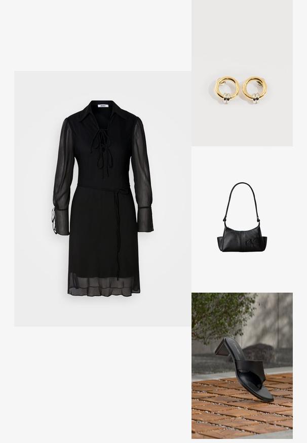 Schwarzes Kleid mit langen, transparenten Ärmeln, einem gebundenen Kragen und einer taillierten Taille. Verfügt über ein einfarbiges Material und eine fließende Silhouette.; Schwarze Calvin Klein Sandale mit Absatz und Zehenschlaufe auf einem Holzkachelfußboden im Freien neben einem Baum und einer Steinmauer.; Schwarze Leder-Schultertasche mit langem Träger, Seitentaschen und eingeprägtem Calvin Klein-Logo auf der Vorderseite.; Goldene runde Ohrringe mit jeweils zwei kleinen silbernen Ringen, die dezent gravierte Markennamen zeigen, vor weißem Hintergrund platziert.
