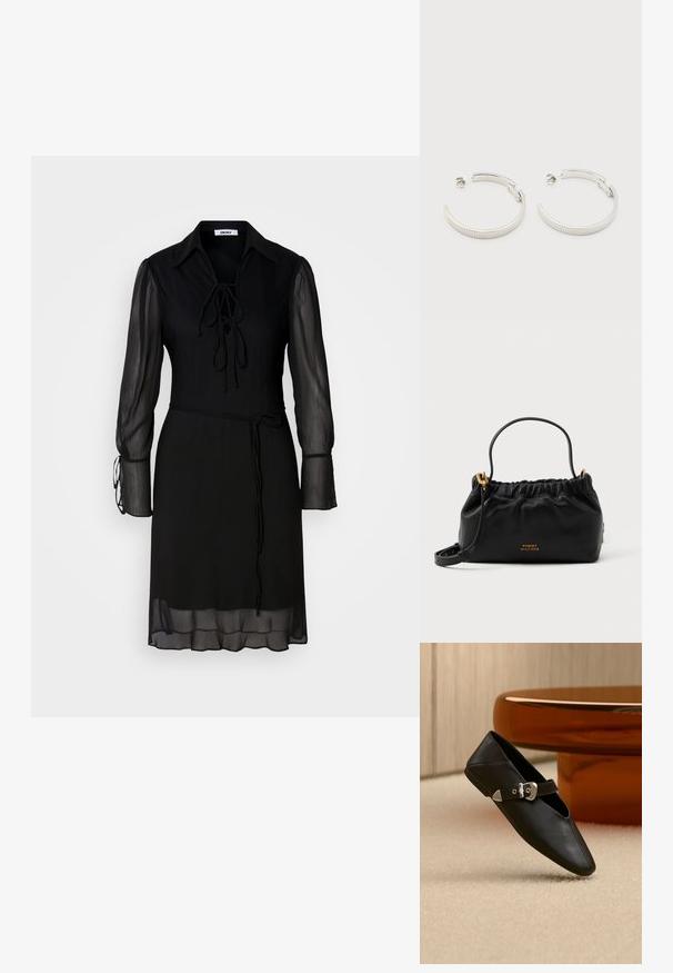 Robe noire avec de longues manches transparentes, un détail de col noué et une taille ceinturée. Présente un tissu uni et une silhouette fluide.; Chaussure plate en cuir noir avec bout pointu et bride à boucle argentée, posée sur un tapis beige devant une table ronde de couleur ambre.; Sac à main en cuir noir avec un haut froncé, une courte poignée et une bandoulière amovible. Présente un accent logo en or et une texture lisse.; Boucles d'oreilles demi-cercles ton argent avec texture striée et fermoirs à pression sur fond blanc.