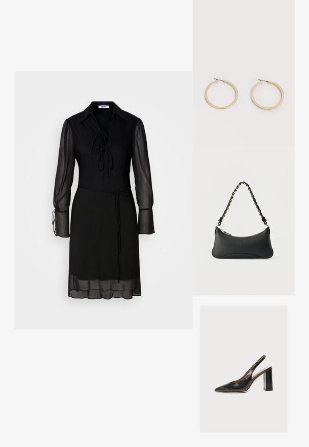 Schwarzes Kleid mit langen, transparenten Ärmeln, einem gebundenen Kragen und einer taillierten Taille. Verfügt über ein einfarbiges Material und eine fließende Silhouette.; Schwarzer Leder-Damenslingback-Schuh mit spitzer Zehenpartie und dickem hohem Blockabsatz vor weißem Hintergrund.; Schwarze Lederschultertasche mit gewölbter rechteckiger Form, goldener Kette, die in den geflochtenen schwarzen Riemen eingewebt ist, und Reißverschlussverschluss oben.; Paar mittelgroße, glatte Creolen in Goldton mit Scharnier-Verschlüssen auf einem einfarbigen hellen Hintergrund.