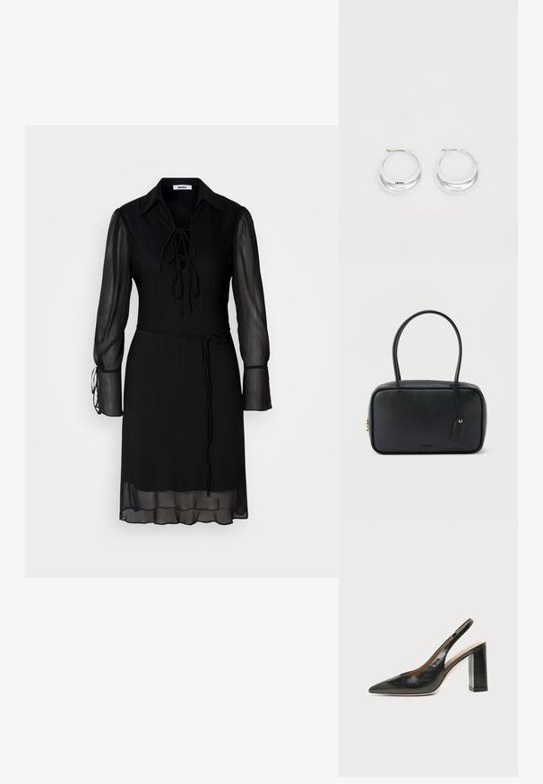 Schwarzes Kleid mit langen, transparenten Ärmeln, einem gebundenen Kragen und einer taillierten Taille. Verfügt über ein einfarbiges Material und eine fließende Silhouette.; Schwarzer Leder-Slingback-Schuh mit spitzer Kappe, hohem Blockabsatz und beigegefüttertem Innenraum vor hellem, einfarbigem Hintergrund.; Schwarze rechteckige Handtasche mit doppelten, abgerundeten Griffen, goldfarbenem Reißverschluss und geprägtem „HUGO“-Logo auf der Vorderseite sowie angebrachtem Lederanhänger.; Silberne Creolen mit glänzender Oberfläche und DKNY-Logo, vor einem schlichten weißen Hintergrund präsentiert.