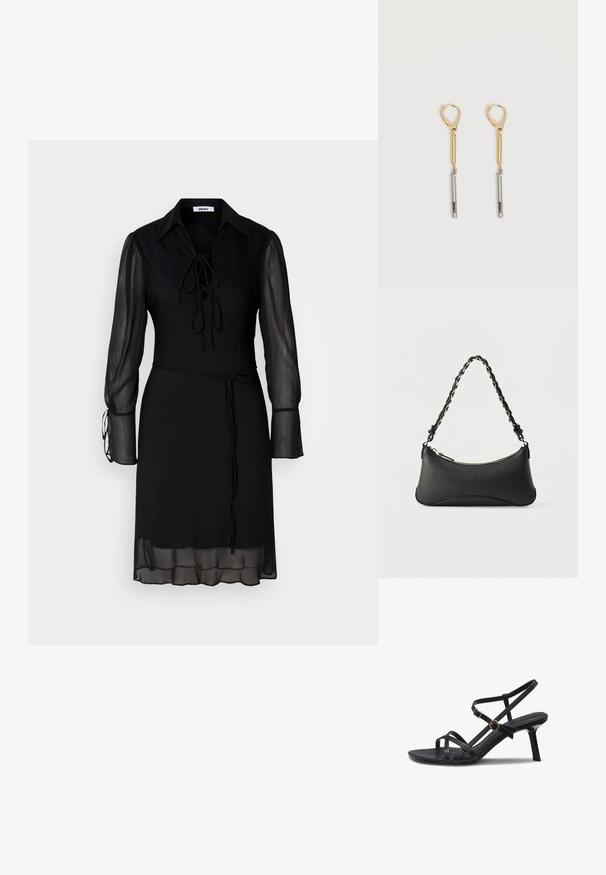 Robe noire avec de longues manches transparentes, un détail de col noué et une taille ceinturée. Présente un tissu uni et une silhouette fluide.; Sandale noire en cuir à brides avec deux boucles dorées et un talon stiletto de hauteur moyenne sur fond blanc.; Sac à bandoulière en cuir noir de forme rectangulaire incurvée, avec une chaîne dorée tissée dans la bandoulière noire tressée et une fermeture éclair sur le dessus.; Boucles d'oreilles pendantes en or et argent avec fermoirs à levier, présentant une barre en or reliée à une barre en argent gravée "DKNY" sur un fond blanc.