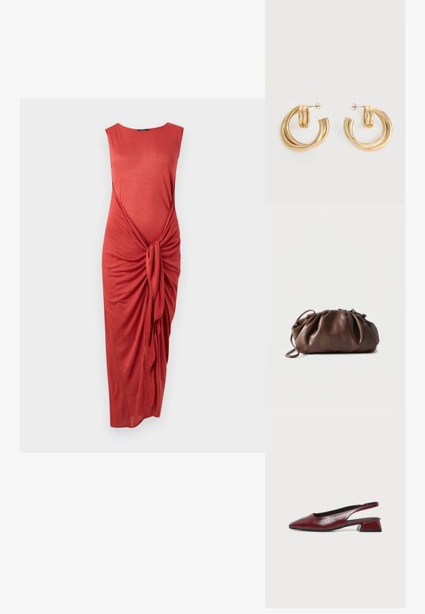 Vestido midi sin mangas de color coral con detalle de lazo en la parte delantera y escote redondo sobre un fondo blanco liso.; Zapato slingback de cuero granate con punta afilada y tacón bajo de bloque, mostrado de perfil sobre un fondo claro y sencillo.; Bolso tipo bolsa de cuero marrón suave con parte superior fruncida y asa delgada, apoyado sobre un fondo blanco.; Par de pendientes de aro doble brillante de oro con cierres de presión sobre un fondo blanco.