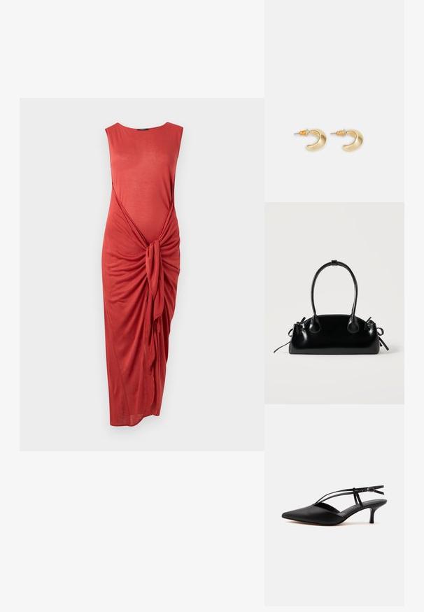 Vestido midi sin mangas de color coral con detalle de lazo en la parte delantera y escote redondo sobre un fondo blanco liso.; Zapato de piel negra con puntera puntiaguda y tacón kitten, con tira fina en el tobillo y hebilla, diseño slingback, sobre un fondo liso y claro.; Pequeño bolso negro brillante con dos asas largas y detalles de cordón lateral sobre un fondo claro liso.; Pendientes en forma de media luna de oro con un acabado suave, que presentan acentos naranjas cerca del pasador y herrajes de plata.