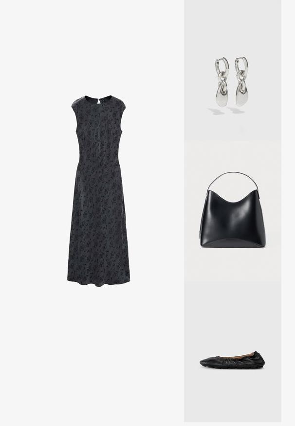 Robe noire à imprimé floral avec un bustier ajusté et une jupe évasée, dotée de manches courtes et d'une fermeture éclair au dos. Texture de tissu lisse.; Ballerines en cuir noir avec des détails froncés au col, bout rond et semelle en caoutchouc flexible. Texture lisse dans l'ensemble.; Sac en cuir noir au design lisse et structuré, avec un dessus arrondi et une courte anse. Minimaliste, sans accents de quincaillerie visibles.; Boucles d'oreilles en argent avec des maillons ovales allongés, présentant une finition polie et un pendentif tombant texturé. Design simple avec des bords lisses.