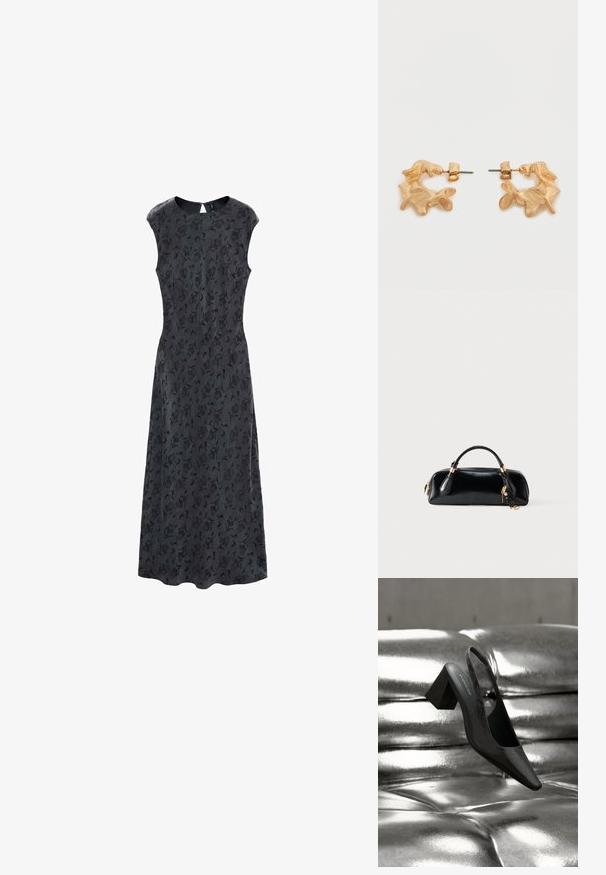 Vestido negro con estampado floral, con un corsé ajustado y falda acampanada, que presenta mangas cortas y cierre de cremallera en la parte posterior. Textura de tela suave.; Tacón destalonado negro con punta en forma de pico, con superficie texturizada y tacón ancho y grueso. Colocado sobre un fondo metálico brillante.; Bolso negro brillante con forma redondeada y asa superior. Cuenta con herrajes dorados y pequeños flecos laterales para mayor detalle.; Pendientes de tono dorado con una forma abstracta y orgánica, que presentan una superficie texturizada y un cierre de poste trasero.