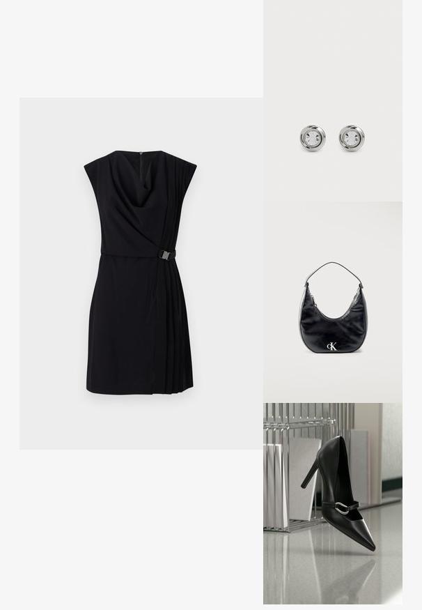 Schwarzes Kleid mit einem Cowl-Ausschnitt, kurzen Ärmeln und plissierten Details. Verfügt über eine schmale Taille mit einem metallischen Schnallenakzent und einem Reißverschluss auf der Rückseite.; Schwarzer, spitzer High-Heel-Schuh mit silberner Schnalle, auf einer reflektierenden Oberfläche nahe einem Metall-Datei-Organizer mit Papieren platziert.; Schwarze, halbmondförmige Ledertasche mit kurzem Riemen und silbernem „cK“-Logo auf der Vorderseite, Reißverschluss oben.; Silberne Metalldorn-Ohrstecker mit runden klaren Kristallen, die eine glatte, polierte Oberfläche und ein kreisförmiges Design mit dezenten, erhöhten Kanten aufweisen.