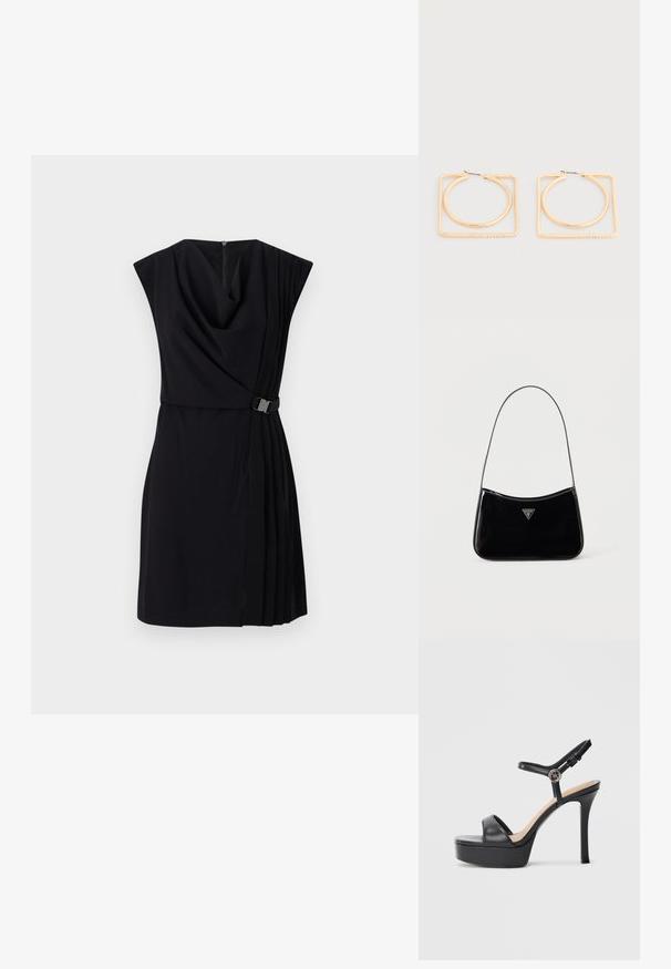 Schwarzes Kleid mit einem Cowl-Ausschnitt, kurzen Ärmeln und plissierten Details. Verfügt über eine schmale Taille mit einem metallischen Schnallenakzent und einem Reißverschluss auf der Rückseite.; Schwarze Plateausandalen mit hohem Stiletto-Absatz, ausgestattet mit einem glatten Lederobermaterial, einem Peeptoe-Design und einem verstellbaren Knöchelriemen mit Metallbeschlägen.; Schwarze Schultertasche aus Lackleder mit schmalem Riemen, dreieckigem Guess-Logo vorne und einem Reißverschluss oben.; Ohrstecker in Goldton mit runden Creolen innerhalb größerer quadratischer Rahmen, die mit kleinen eingearbeiteten Kristallen an der unteren Kante der Quadrate verziert sind.