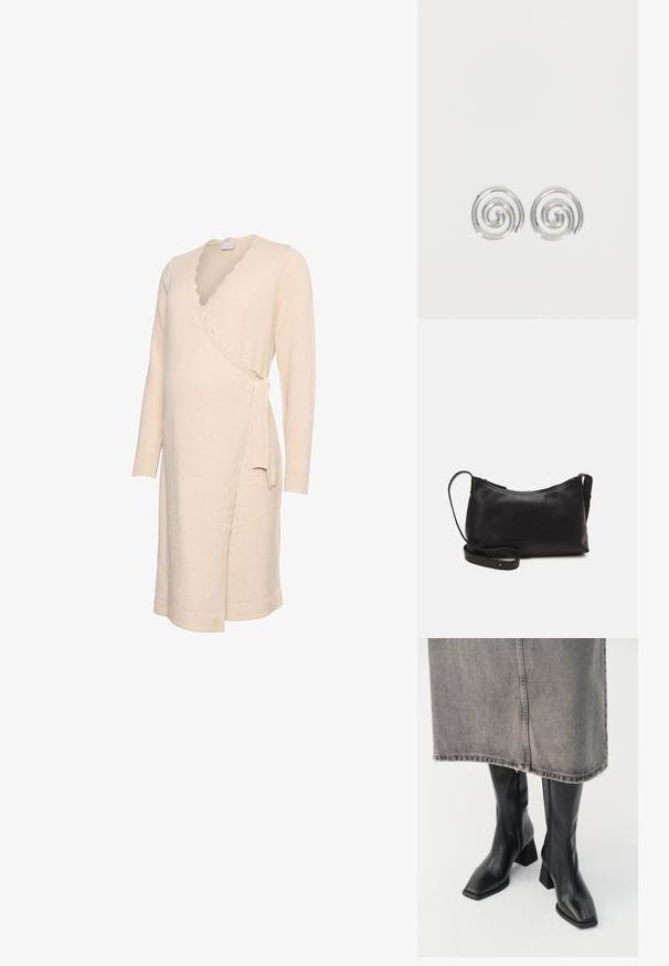 Robe portefeuille couleur crème avec manches longues, encolure festonnée et fermeture à nouer sur le côté. Texture douce et longueur jusqu'au genou.; Bottes noires montantes en cuir lisse avec un bout carré et un talon bloc. Portées avec une jupe en denim grise à l'ourlet effiloché.; Sac à épaule en cuir noir avec une texture lisse, une forme courbée, une bandoulière ajustable et une fermeture éclair. Design minimaliste sans embellissements.; Paire de boucles d'oreilles en forme d'anneau spirale en argent avec un design lisse et arrondi sur fond blanc uni.