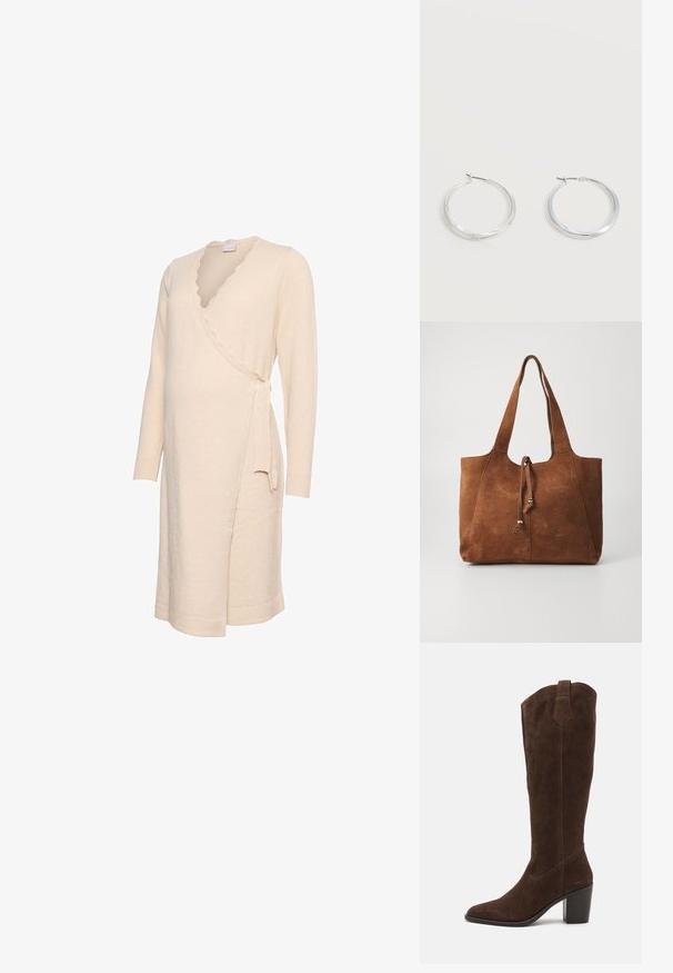 Kremfarvet omslagskjole med lange ærmer, bølget halsudskæring og bindelukning i siden. Blød tekstur og knælængde.; Anna Field LEATHER - Højhælede støvler - brown; Brun ruskinds tote bag med to lange håndtag, snøre lukning og glat tekstur. Har et enkelt design og minimale accenter.; Sølvfarvede metaloorringe med glat, let buet overflade og låsemekanisme på en ensfarvet hvid baggrund.