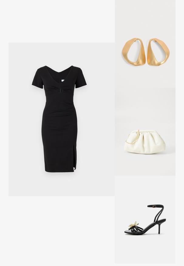 Schwarzes, enganliegendes Kleid mit kurzen Ärmeln, V-Ausschnitt, gerafftem Oberteil und seitlichem Schlitz. Hergestellt aus dehnbarem Stoff mit glatter Textur.; Schwarze Riemchen-Sandale mit hohem Absatz, Knöchelriemen mit Schnalle und goldenem metallischem Blumendetail am Vorderriemen vor weißem Hintergrund.; Weiße Lederhandtasche mit einem gerafften Design, ausgestattet mit einem goldenen Kettenriemen und einer runden Form. Glatte Textur mit sanften Falten und ohne Muster.; Paar unregelmäßiger, asymmetrischer goldener Creolen mit glatter, matter Oberfläche vor neutralem Hintergrund.