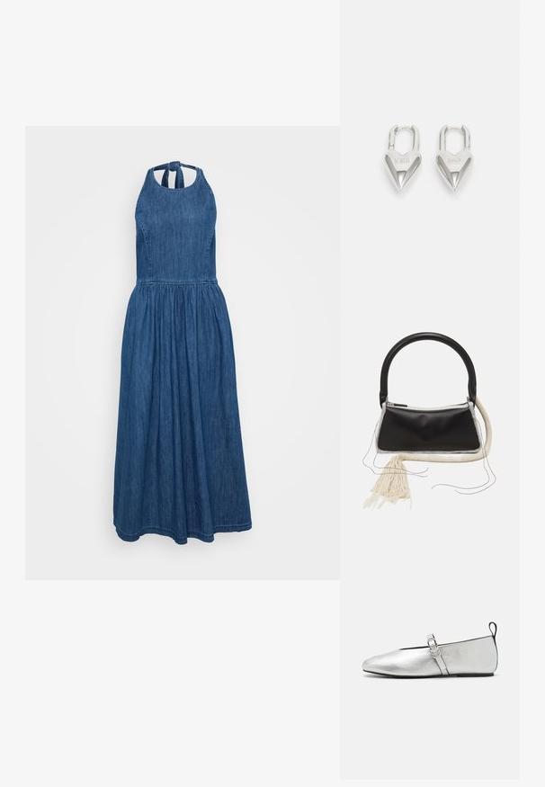 Denimová maxi šaty s halter výstrihom, zúženým pásom a splývavou sukňou. Disponujú hladkou textúrou a tmavomodrou farbou, s viazaním na krku.; rag & bone SPIRE MARY JANE - Balerínky s remienkom okolo členku - silver; Čierna kožená taška s okrúhlou rukoväťou, strieborným zipsom, bielym kožuchom a dlhým krémovým strapcom pripevneným na prednej strane.; Strieborné zámky v tvare srdca so vygravírovanými nápismi "ÁNO" a "NIE", leštený povrch, symetrický dizajn a robustný kovový uzáver.