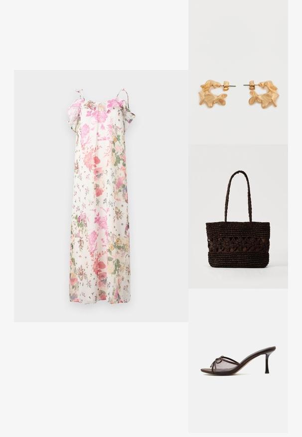 Floral maxi-jurk met pastelroze, groene en paarse patronen op een witte achtergrond. Lichtgewicht, met ruche mouwen en verstelbare bandjes.; Bruine mule met open teen, middenhoge naaldhak, transparante mesh bovenkant en klein strikdetail bovenop.; Donkerbruine gevlochten draagtas met bloemenpatronen en twee lange gevlochten handgrepen op een effen lichte achtergrond.; Oorbellen in goudkleur met een abstracte, organische vorm, voorzien van een gestructureerd oppervlak en een sluiting met oorstekers.
