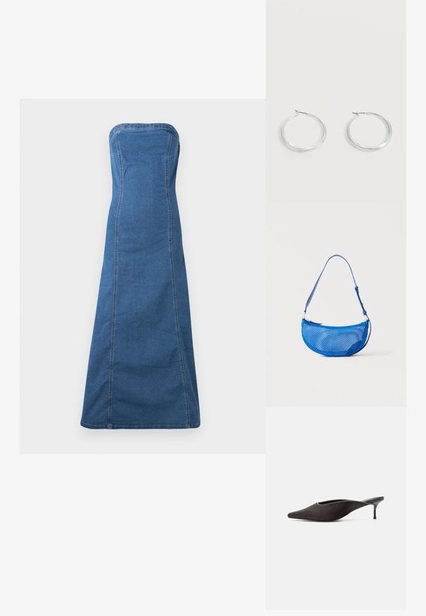 Denim šaty bez ramienok v stredne modrej farbe so s rovnou siluetou, viditeľnými švami a hladkou textúrou.; Čierne mule topánky s špicatou špičkou, nízkym jehlovým opätkom a hladkým elegantným povrchom, zobrazené zboku na bielom pozadí.; Modrá sieťovaná taška cez rameno s nastaviteľným popruhom a zipsovým zapínaním, zobrazená na jednoduchom bielom pozadí.; Strieborné kovové kruhové náušnice s hladkým, mierne zakriveným povrchom a zapínaním na poistku na jednoduchom bielom pozadí.