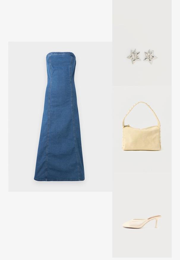 Denim šaty bez ramienok v stredne modrej farbe so s rovnou siluetou, viditeľnými švami a hladkou textúrou.; Krémová vysoká podpätková mule topánka so špicatou špičkou a sieťovanými bočnými panelmi, zobrazená na jednoduchom svetlom pozadí.; Malá béžová kožená kabelka s jedným remienkom a striebornými cvokmi pozdĺž okrajov a remienka, na jednoduchom pozadí.; Strieborné náušnice kruhy v tvare hviezdy s hladkým, lešteným povrchom na jednofarebnom bielom pozadí.