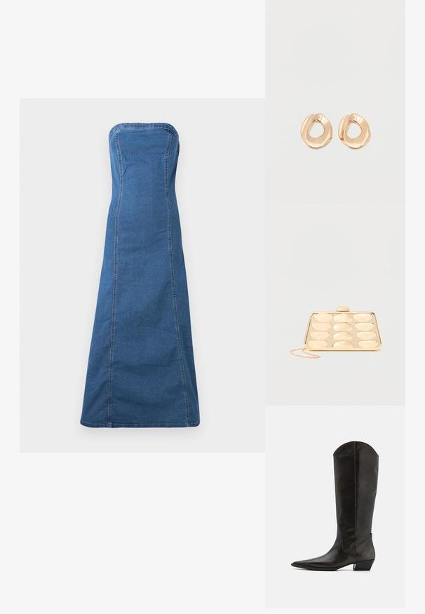 Blå denim stropløs kjole i medium farve med en lige silhuet, der har synlige sømme og en glat tekstur.; Sorte læder støvler op til knæene med spids tå, lav blokhæl og et elegant design. Skaftet har en let krumning øverst.; Guld clutchtaske med afrundet rektangulært præg mønster og en lille kæde som strop på ensfarvet baggrund.; Par af uregelmæssigt formede, polerede øreringe i guldfarvet metal med åben midte på en ens hvid baggrund.