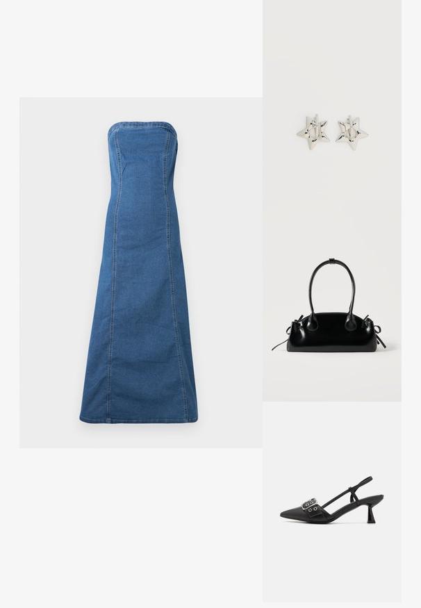 Blå denim stropløs kjole i medium farve med en lige silhuet, der har synlige sømme og en glat tekstur.; Simmi London DALA - Pumps - black; Lille sort blank håndtaske med to lange håndtag og snøre-detaljer i siden på en ensfarvet lys baggrund.; Sølv stjerneformede øreringe med en glat, poleret finish på en ensfarvet hvid baggrund.