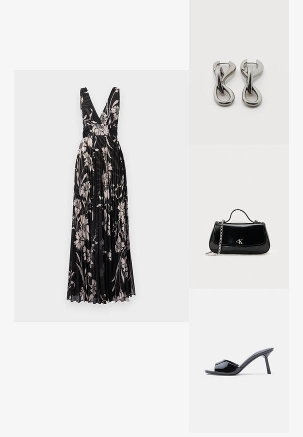 Zwarte bloemen maxi-jurk met een diepe V-hals, geplooid materiaal en een getailleerde taille. Heeft lichte bloemenpatronen in crème en zachte roze tinten.; Zwarte lakleren open-teen sandalen met hak, met een gebogen bovenkant ontwerp en een taps toelopende naaldhak. Gladde glanzende afwerking.; Zwarte leren handtas met een ketting schouderband, gestructureerde vorm en een zilveren logo-accent. Gladde textuur met een flapsluiting.; Set zilverkleurige metalen oorbellen met een abstract ontwerp van in elkaar grijpende lussen op een witte achtergrond.