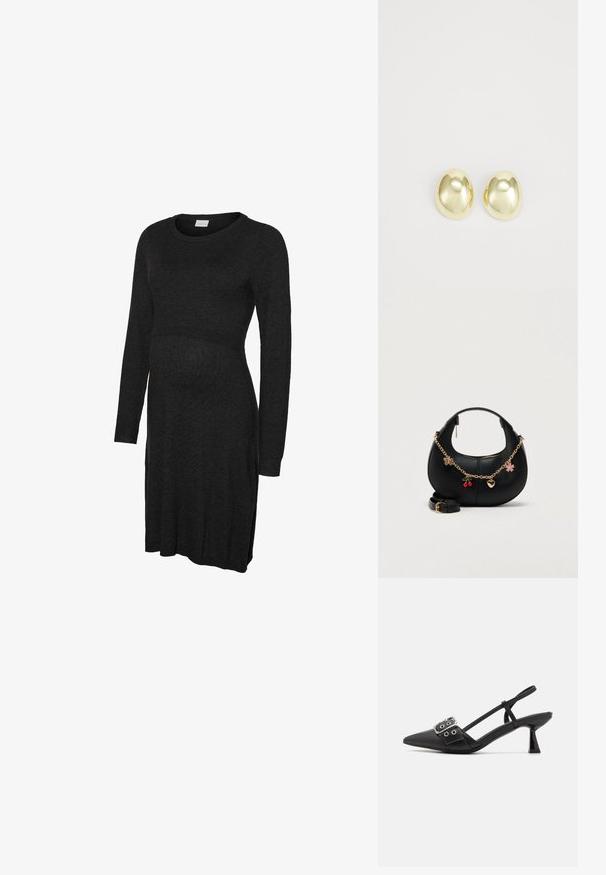 Sort langærmet graviditetskjole lavet af blødt stof, med rund halsudskæring og let tilspidset talje for at rumme en voksende mave.; Simmi London DALA - Pumps - black; Sort læderhåndtaske med en buet form, guldkæde-rem og dekorative vedhæng, herunder en sommerfugl, kirsebær og en blomst.; Guldtonede metalstudøreringe med en glat, rund form og poleret overflade. Simpelt design uden yderligere dekorationer.
