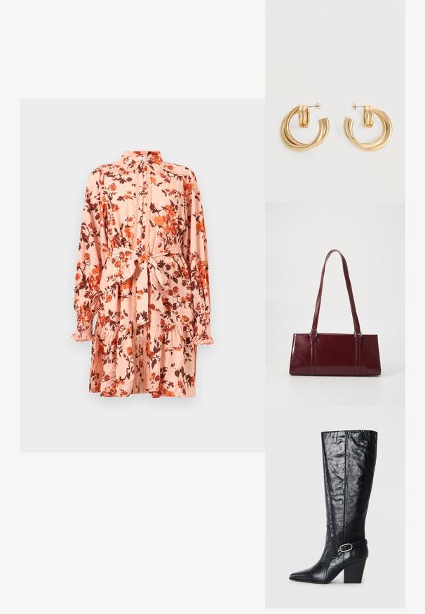 Robe longue à manches longues rose clair avec imprimé floral orange, col et poignets à volants, fermeture boutonnée devant, et ceinture en tissu à nouer à la taille.; Bottes noires montantes en cuir brillant, avec un bout pointu, une forme structurée, et une sangle décorative avec une boucle en argent.; Sac à main bordeaux en matériau brillant, de forme rectangulaire, avec deux anses et des accents légèrement courbés à l'avant.; Paire de boucles d'oreilles créoles doubles en or brillant avec attaches à tige sur fond blanc.