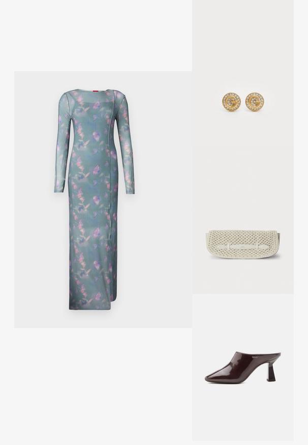 Langærmet, tætsiddende kjole i transparent teal-stof med et blomster mønster i pink og lilla. Har en rund halsudskæring og sidesømmer.; Skinnende mørkebrun mule med spids tå og blokhæl samt DKNY-logo på siden, vist på en ren hvid baggrund.; Vævet hvid taske med struktureret finish, der har en buet form og en simpel remlukning. Diskret mærkelogo på forsiden.; Gul cirkulære stud øreringe med et spiraldesign og klare krystalaccenter langs kanten samt et centralt dekorativt element.