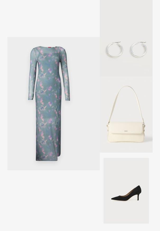 Langærmet, tætsiddende kjole i transparent teal-stof med et blomster mønster i pink og lilla. Har en rund halsudskæring og sidesømmer.; Sort ruskindspumpe med spids snude, mellemhøj stiletthæl og tan indersål på en lys baggrund.; Cremefarvet læder skuldertaske med flaplukning, sølvfarvet beslag, en enkelt justerbar rem og diskrete logodetaljer.; Par mellemstore skinnende sølv hoops øreringe med tynde metal spænder på en lys neutral baggrund.