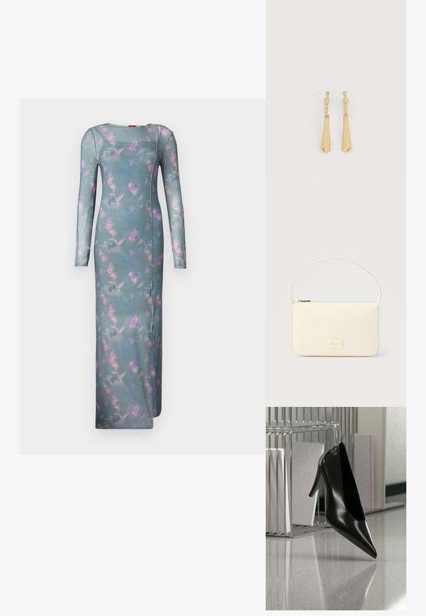 Langærmet, tætsiddende kjole i transparent teal-stof med et blomster mønster i pink og lilla. Har en rund halsudskæring og sidesømmer.; Sort højhælet sko med spids tå og guldlogo, placeret på en reflekterende overflade nær en krom trådfilholder med dokumenter.; Kremfarvet rektangulær håndtaske med en enkelt rem og lynlås øverst, med en lille præget logo-plakette foran.; Øreringe i guldfarvet metal med glatte, aflangt dråbeformede vedhæng, der hænger fra små creol-låse på en hvid baggrund.