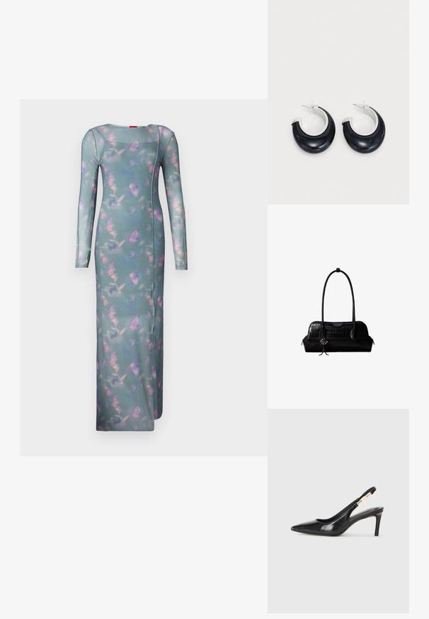 Langærmet, tætsiddende kjole i transparent teal-stof med et blomster mønster i pink og lilla. Har en rund halsudskæring og sidesømmer.; Sort læder slingback højhælede sko med spidse tæer, glat overflade og en smal ankelrem med guldfarvede hardware detaljer.; Sort skuldertaske i krokodillelæder med lange stropper og lille sølvlogo-charm på den ene strop.; Sorte harpiks hoops øreringe med en skinnende overflade og silvertone hardware detaljer. Cirkulær form med en udskæring og stift-bagside lukning.