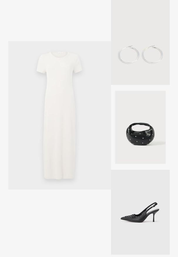 Beige, kortærmet kjole i knælængde lavet af blødt bomuldsstof. Har rund halsudskæring og en enkel, lige silhuet.; Sorte læder slingback stiletto med spids tå, side spændebånd, nitter langs kanten og dekorativ snøring foran.; Sort læderhåndtaske med en rundet form, dekoreret med sølvnitter, og et kort håndtag. Glat tekstur og lynlåslukning.; Par skinnende sølvøreringe med tynde trådlåse, vist på en lys grå baggrund.