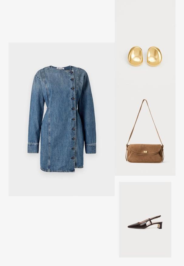 Denimkleit pikkade varrukatega, kõrge krae ja ebatasase nööbiga sulgemine. Omab keskmise sinise pesu, kerge tekstuuri ja kohandatud lõiget.; Pruun terava ninaga slingback-king madala plokkkontsa, krokodillimustri, küljeava ja reguleeritava pannalrihmaga, näidatud valgel taustal.; Pruun seemisnahast õlakott pika rihmaga ja kuldse ristkülikukujulise keeratava lukuga esitasku klapil ühevärvilisel taustal.; Kuldsete stud-kõrvarõngastega, millel on siledad, ümarad kujundid ja peegeldav pind, näidates minimalistlikku disaini ning ilma nähtavate mustriteta.